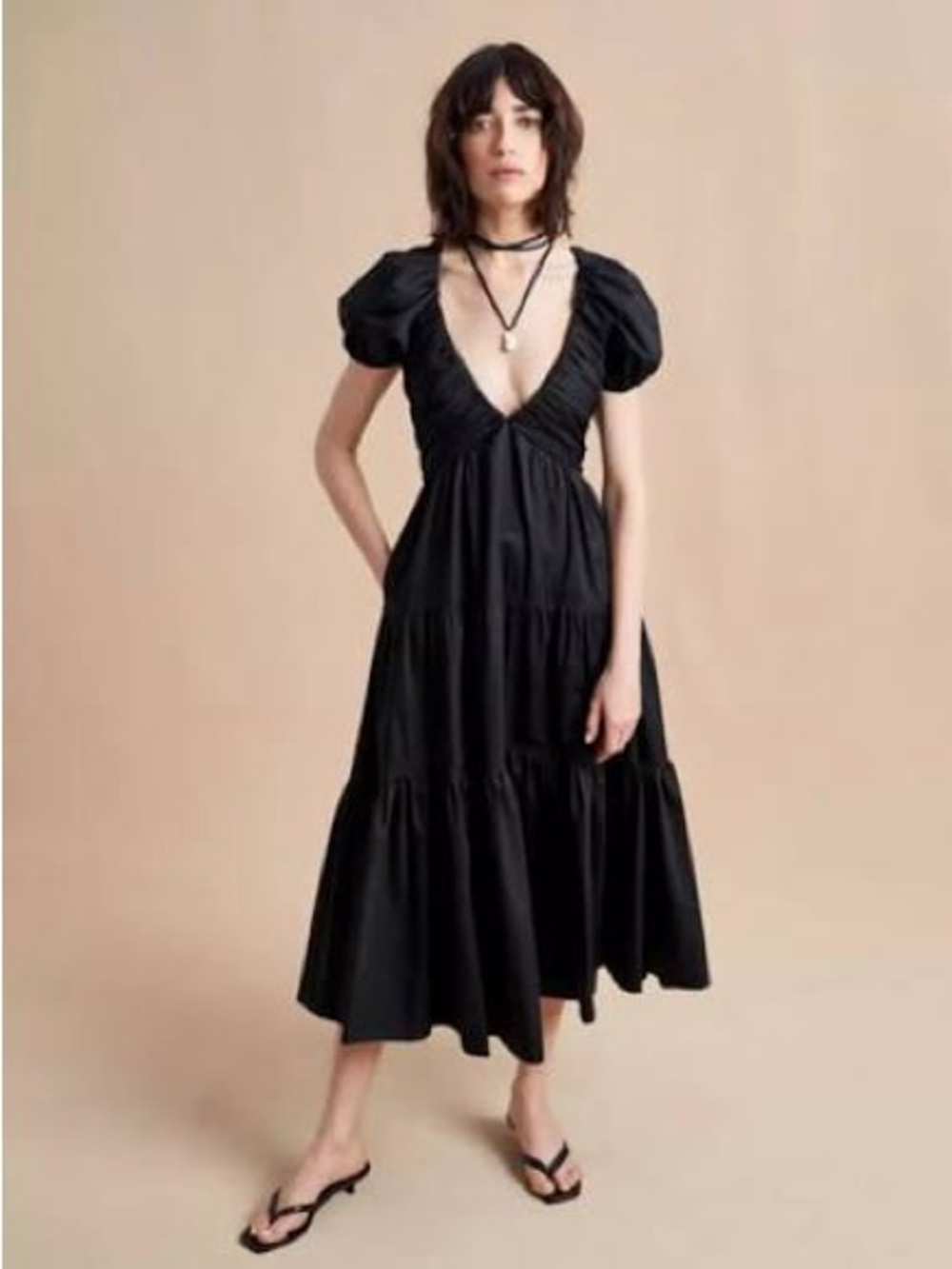 NEW La Ligne Ina Black Puff-Sleeve V-Neck Tiered Midi Dress Woman’s L